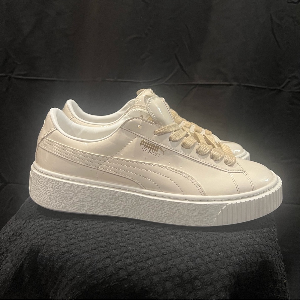 Puma Basket Platform Patent Women's Sneaker Shoes Cream